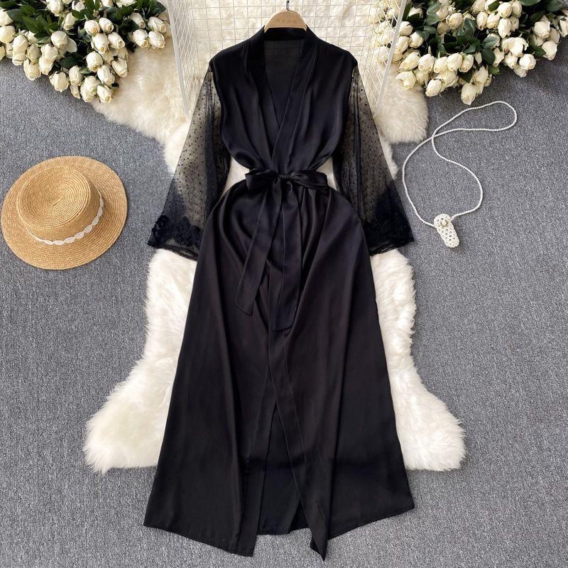 

Pure Desire Style Elegant Hollow Lace Lace Long-Sleeved Waist-Tight Sexy V-neck Lace up Long Cardigan Dress Nightdress Black S