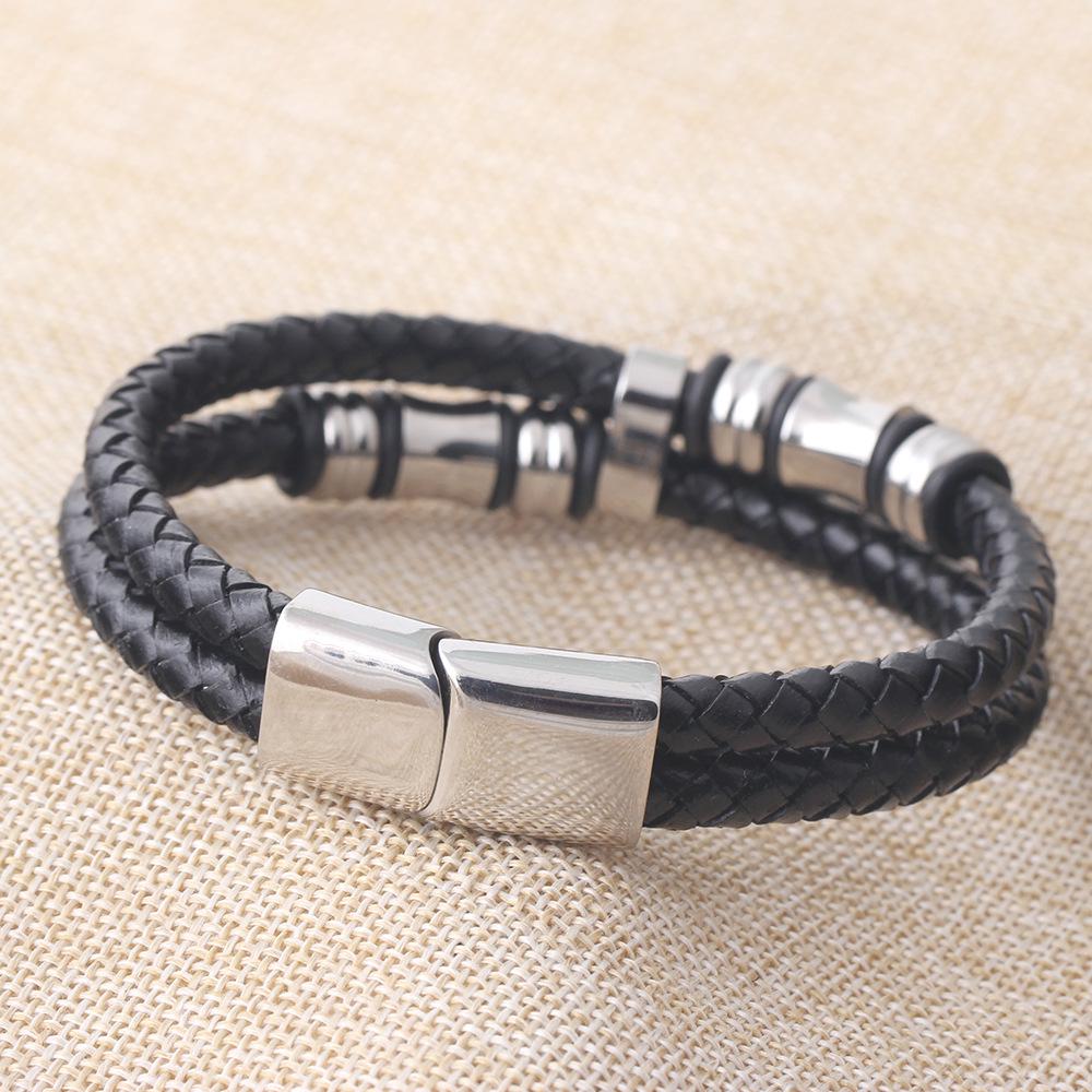 15mm European & American Double-Layer Woven Leather Bracelet with Gold-Inlaid Titanium Steel