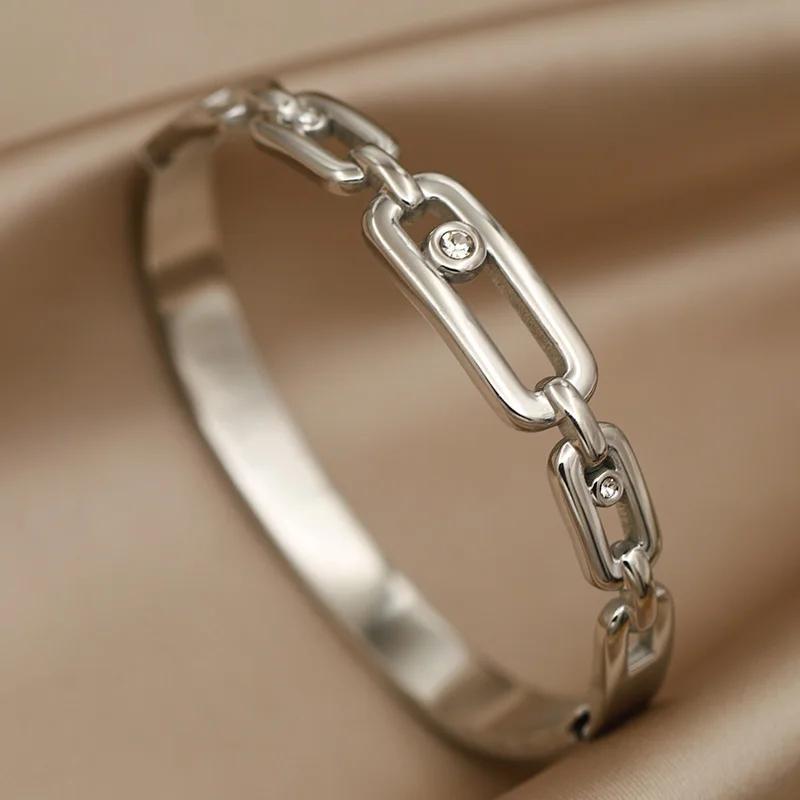 FYSARA Chain-like Design High Quality Titanium Steel Bangle for Women Cubic Zircon Engagement Zircon Stainless Steel Bracelet