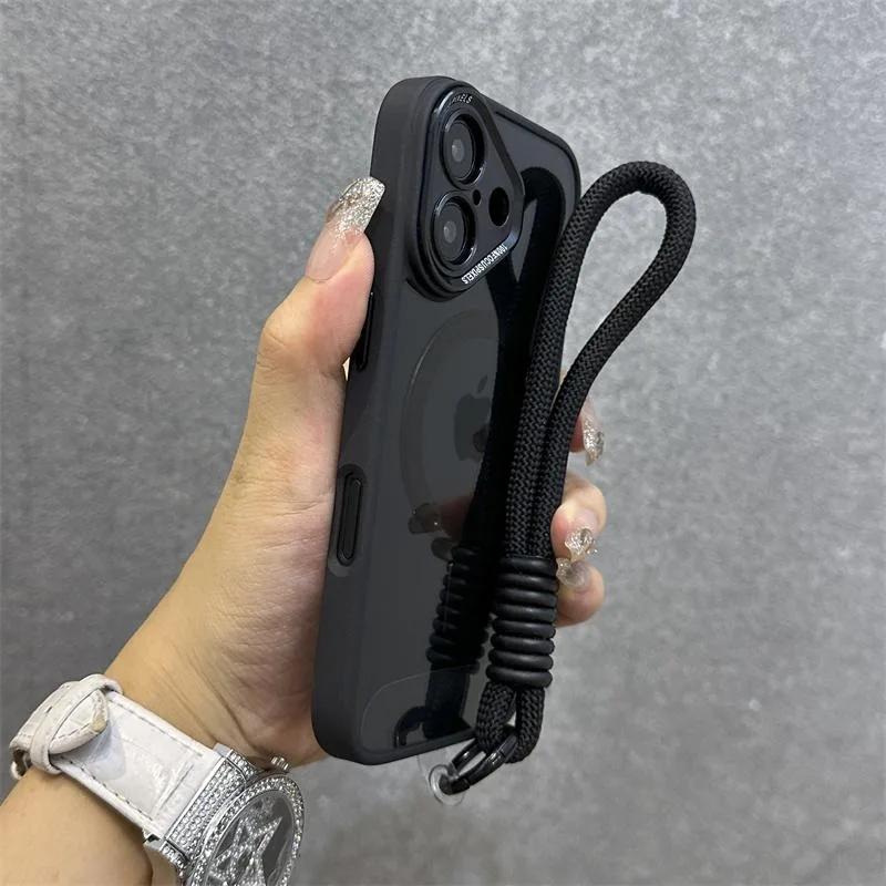 Luxury Wristband Magsafe Transparent Phone Case for iPhone 11 15 14 13 12 16 17 Pro Max Lanyard phone Magnetic anti drop