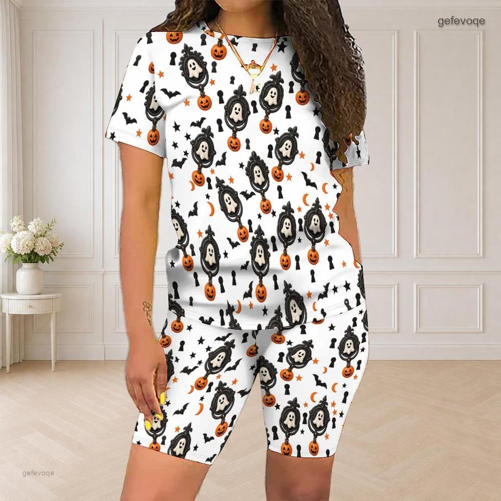 Women Plus Size Halloween Printed Round Neck Short Sleeve Top And Fitted Shorts Two Piece Set