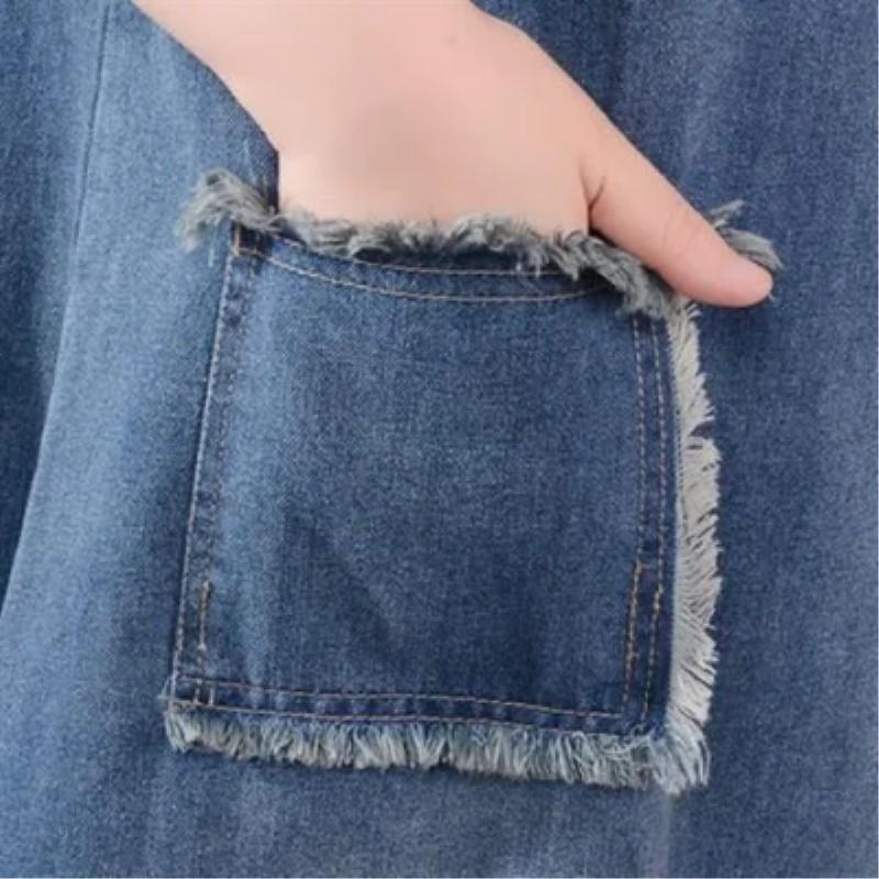 Women's Wash Plush Edge Pockets Loose Denim Dress Autumn O-neck Long Sleeves Dresses