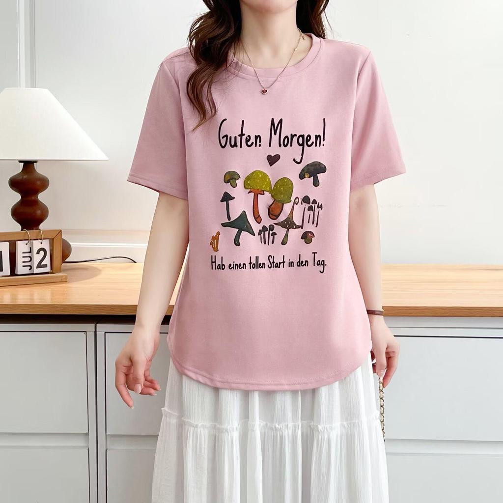 2026 New Summer Cartoon Mushroom Print Women's Round Neck Plus Size Casual Half Sleeve T-shirt