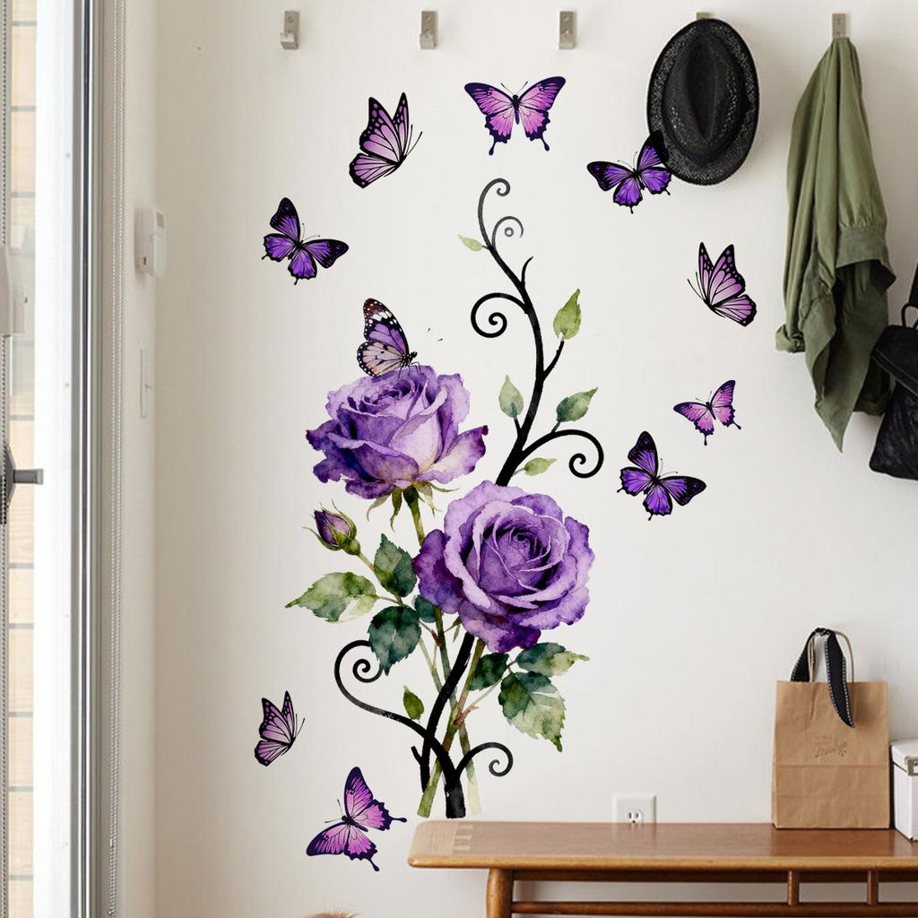 Valentine's Day Floral Wall Stickers, Rose Butterfly Decor, Living Room Bedroom Kids Room Holiday Background Wall Art