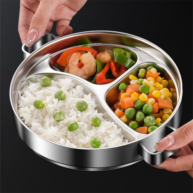 Bandeja de Jantar Dividida em Aço Inoxidável 304 com Tampa Lancheira Recipiente Prato de Comida para Refeitório Escolar 3 Compartimentos Bandeja Bento Talheres