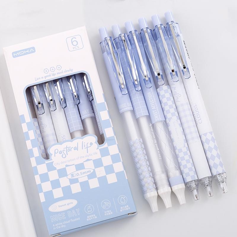 Set di 6 penne gel a scacchiera Solo serie Crema Punta a sfera da 0,5 mm Inchiostro di colore nero per scrivere A7450