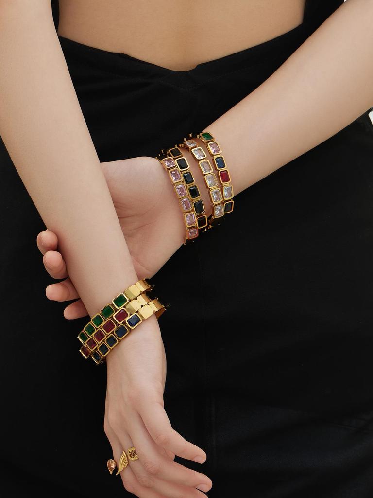 18K Gold Plated Stainless Steel Bracelet with Square Colored Glass Stones In Trendy European and American Niche Design - Fade Resistant.
