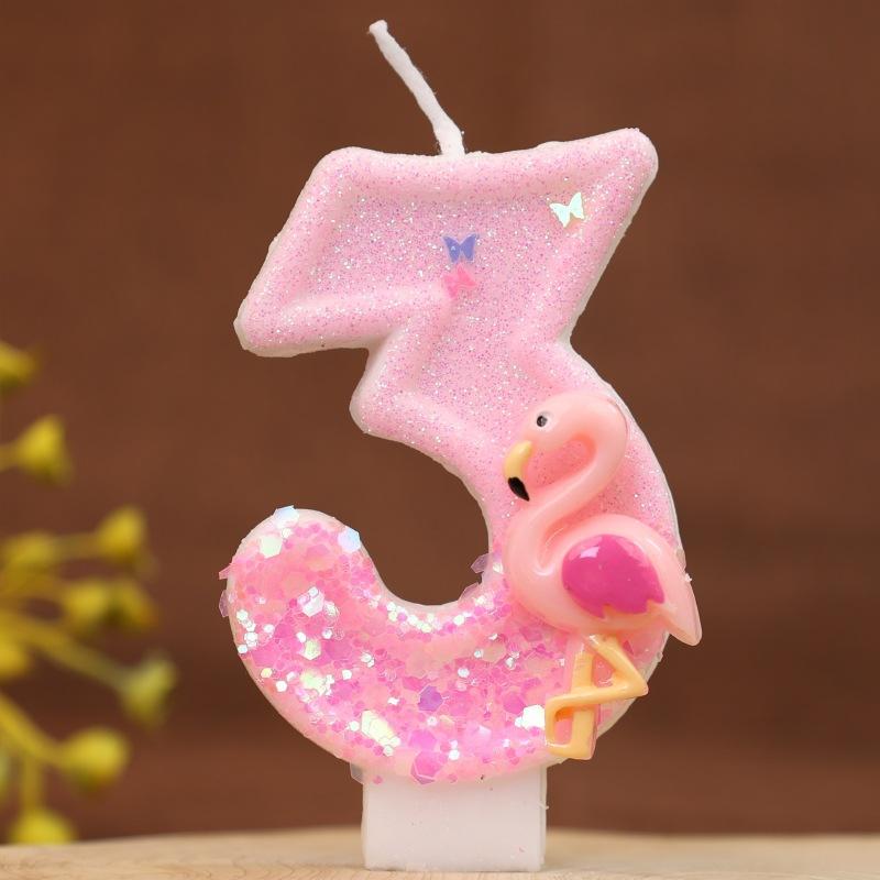 Pink Glitter Birthday Number Candles with Flamingos 1 Year Baby Birthday Cake Decorations