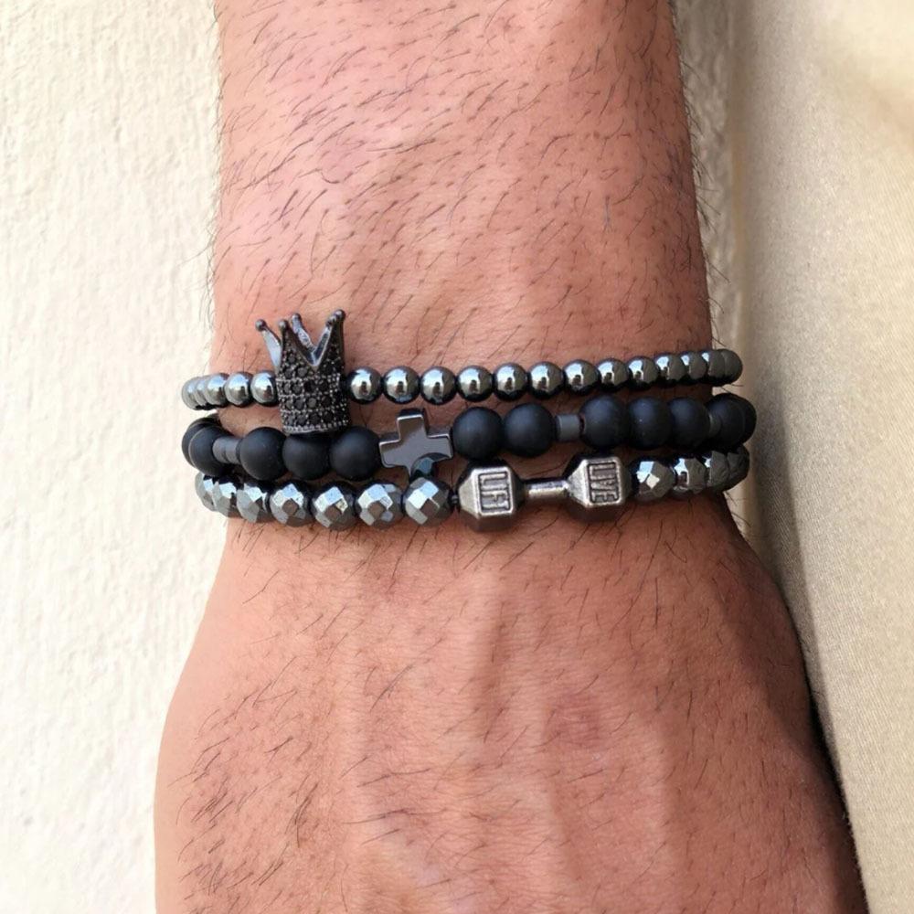 Bracelet Jewelry, Black Gallstone, Volcanic Stone, Wooden Beads, Multi-layer Men's Bracelet Combination Set, Elastic Bracelet.