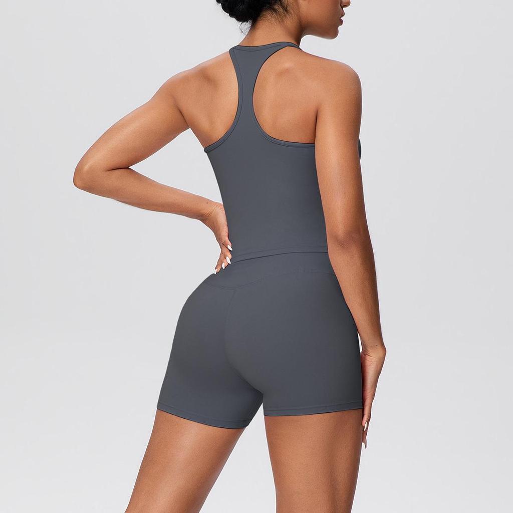 Set Yoga da Donna Transfrontaliero con Spalline Sottili, Vita Alta, Top che Scopre la Schiena e Pantaloncini Aderenti