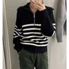 2025 Autumn and Winter Semi-zipper Women Striped Lapel Sweater Fashion Elegant Loose Office Casual Tops Fenale Pullover Sweaters Office Clothing