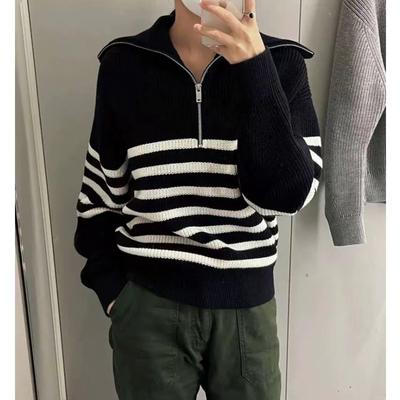 2025 Autumn and Winter Semi-zipper Women Striped Lapel Sweater Fashion Elegant Loose Office Casual Tops Fenale Pullover Sweaters Office Clothing