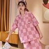 Strawberry Bear Pajamas Women's Summer Sweet and Cute Wind Age-reducing Girl Feeling Loungewear Plaid Control Cardigan Short-sleeved Set
