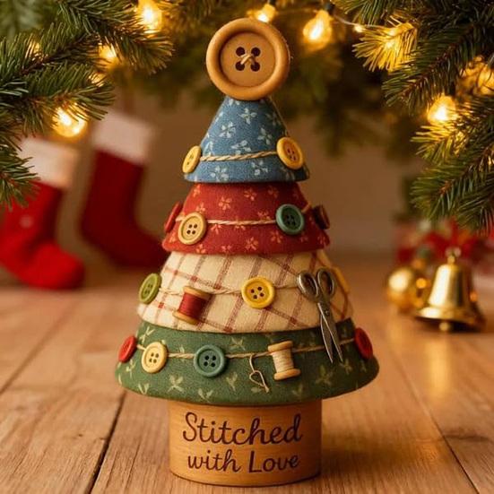 Fabric Christmas Tree Figurine Handmade Multi-Layer Xmas Tree Ornament with Buttons Scissors And Star Topper Holiday DIY Patchwork Craft for