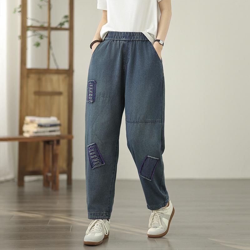 

Модные джинсы деним однотонные с нашивками женские с высокой талией повседневные брюки гаремы женские уличная одежда все сочетается джинсы 2025 2XL синий