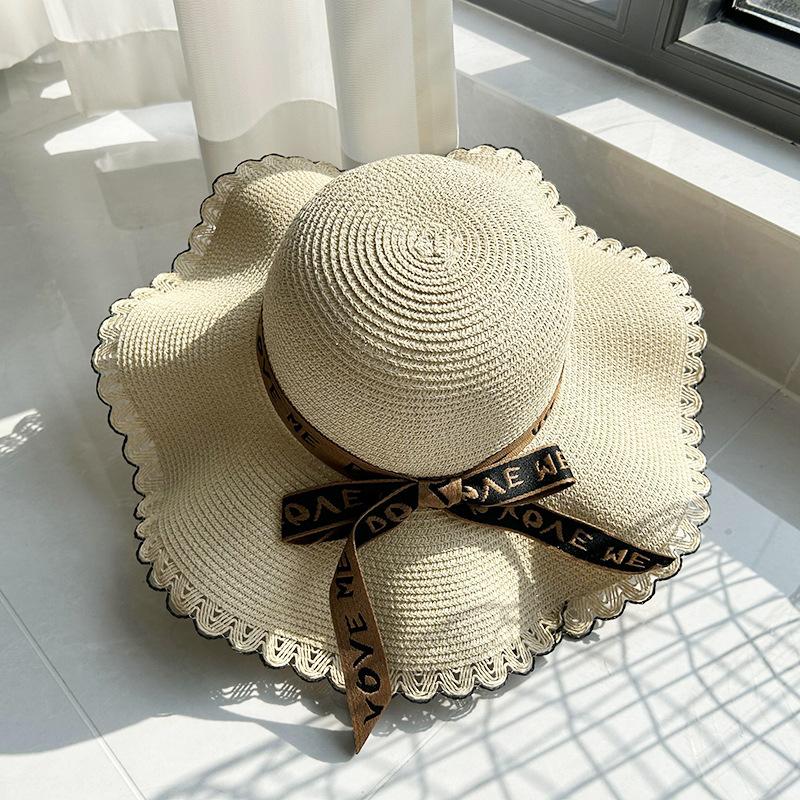 

Hat Versatile Style Straw Woven Elegant Letter Ribbon Bow Womens Hats Sunshade бежевий
