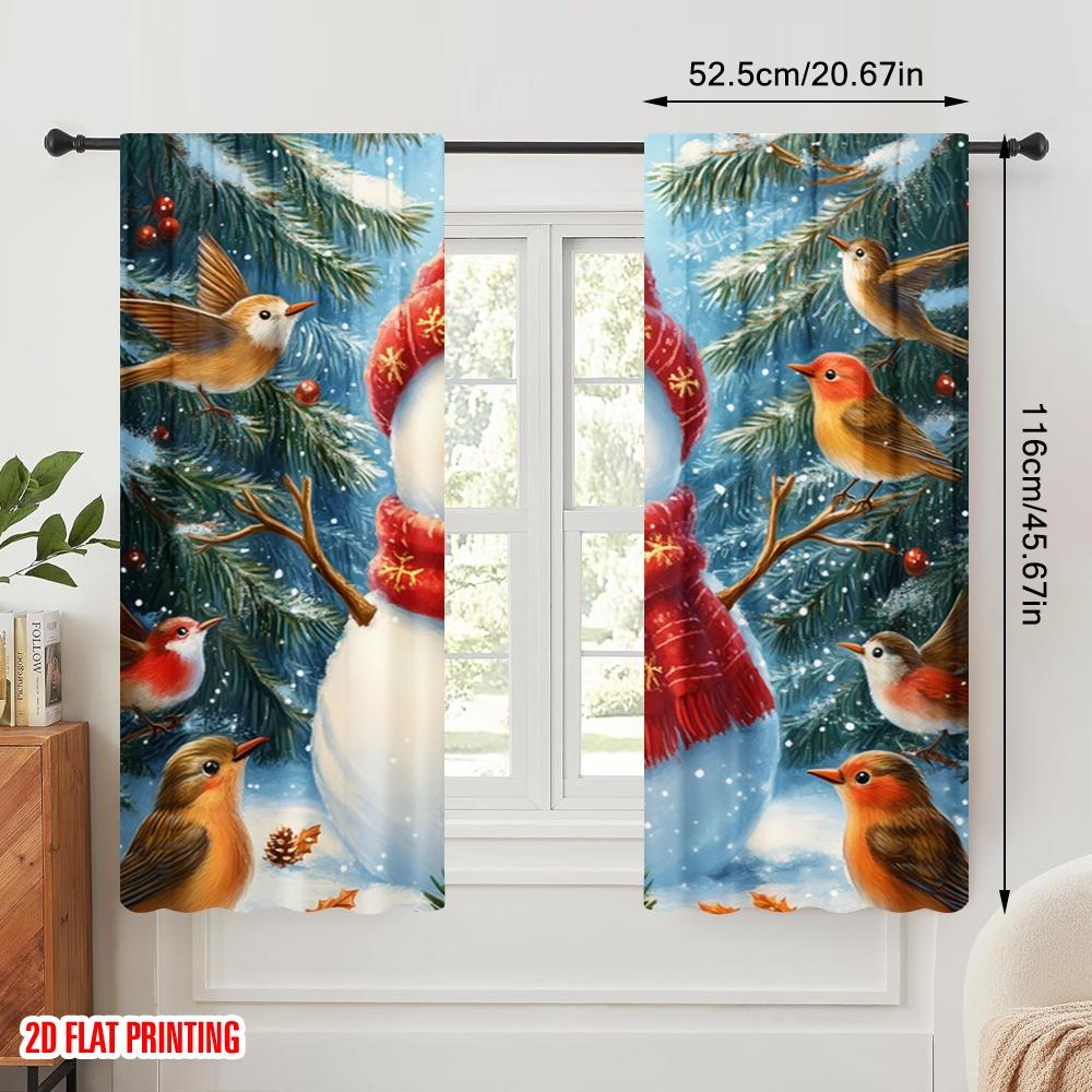 2pcs,2D plane printing Minimalist Curtains Cute Snowman Robin Christmas Winter (2) Polyester Fabric (without rod) Decorations