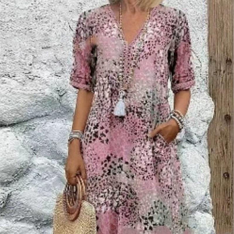 Vintage Dame Midi Kjoler Etnisk Stil Blomstertrykk V-Hals Løs Kjole Pluss Størrelse