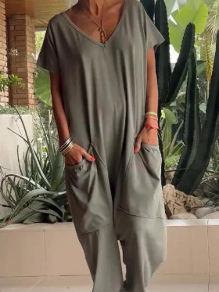 Summer Women's Jumpsuit, Solid-color V-neck, Oversized Pocket, Low-end One-piece Pants