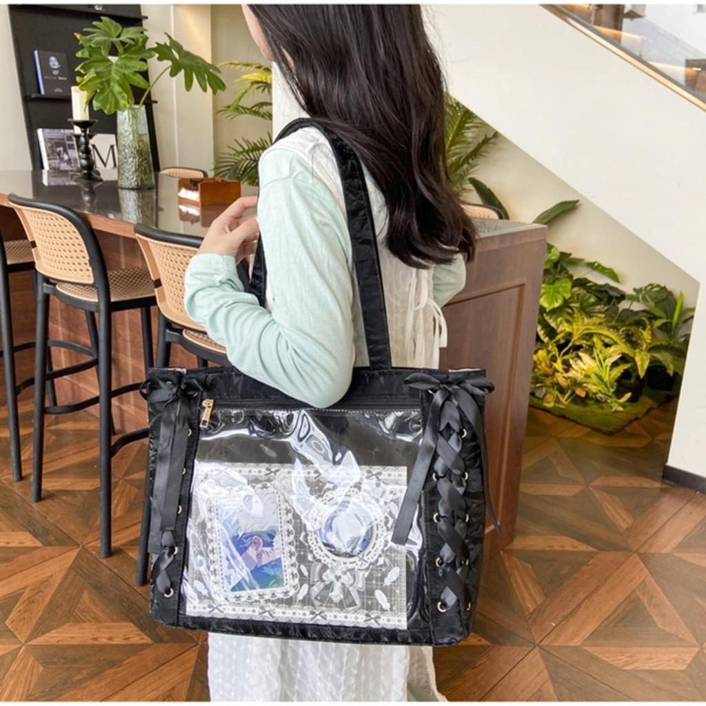 YOBLUELO Ita-Tasche, Umhängetasche, Schnür-Tragetasche, Dekorative Tasche, A4-Größe, Transparente Tasche für Damen mit Schleifen-Dekoration (Weiß)