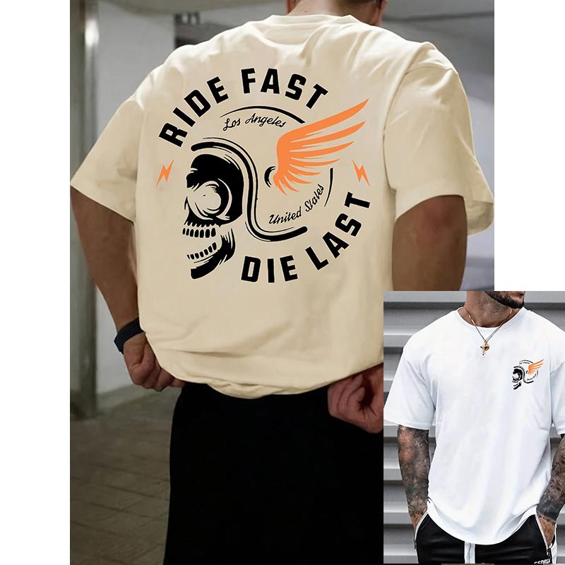 Mens RIDE FAST Skull Pattern Tshirt Casual Summer  with Bold Ride Fast Print and Wing Design Shortsleeved Round Neck