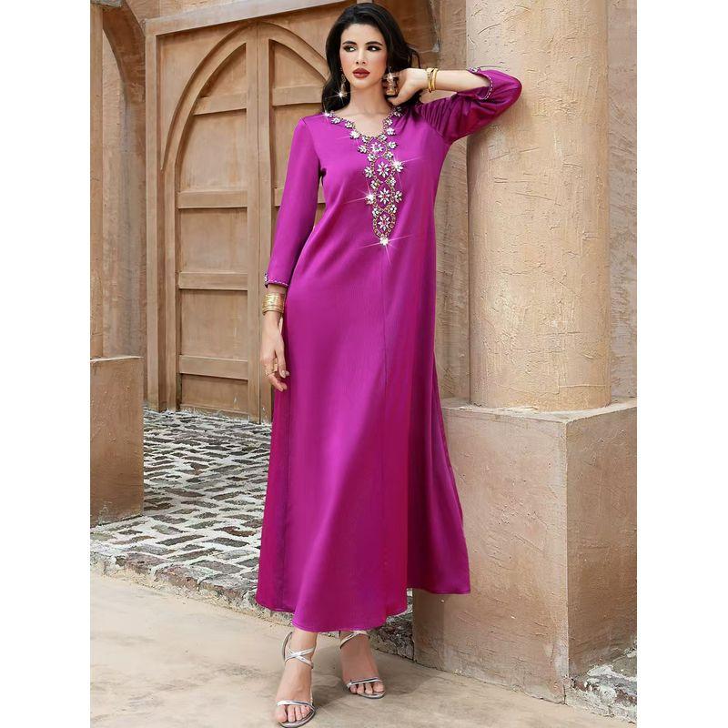 

New Middle East Loose Handmade Embroidered Beads Robe Party Dress Hand Sewn Diamond Dress Rose Red XL