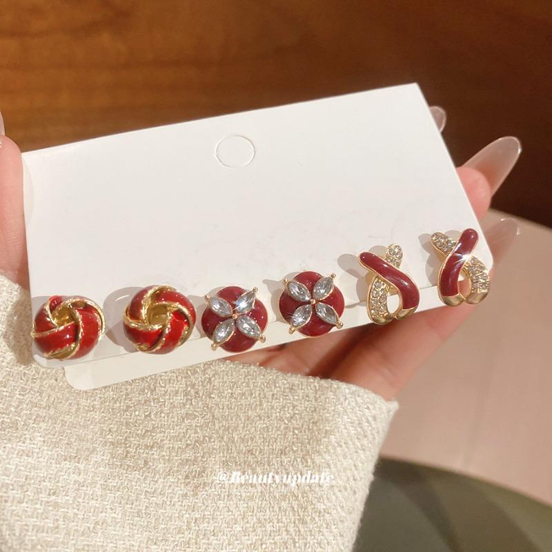 Silver Needle Diamond Drip Oil Round Stud Earrings Set New Year's Red Retro Niche Earrings Light Luxury Premium Earrings Women