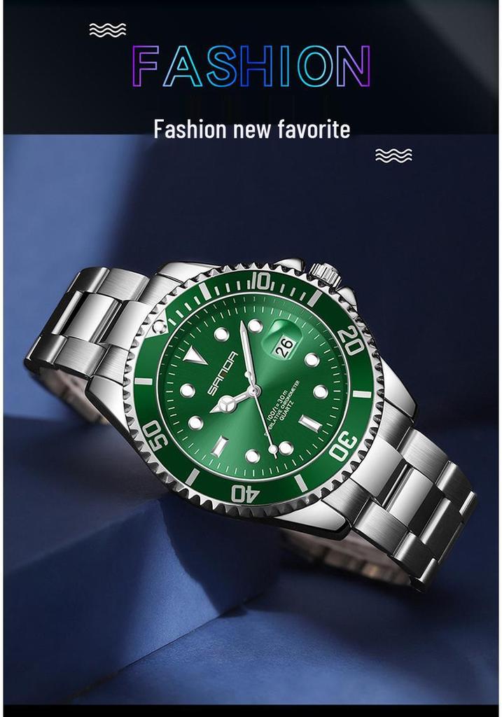Sanda Steel Band Men's Quartz Watch with Simple Calendar, Waterproof, Green Dial