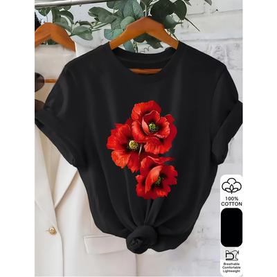 Women's Floral Print Crew Neck Short Sleeve T-Shirt Vibrant Red Poppies On Turquoise Casual Feminine Top