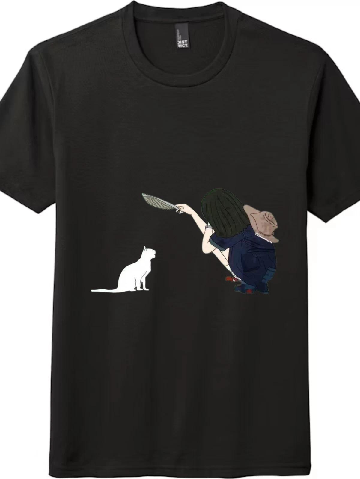 Girl Feeding Cat Graphic kids boys T-Shirt, Cute Cat Woman Unisex kids boy kids boy tee 100