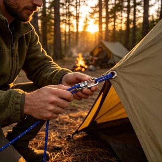 Rope tensioner adjustable metal body tightener brass roller stainless shaft spring mechanism durable included cord gloves bag suitable tent setup line
