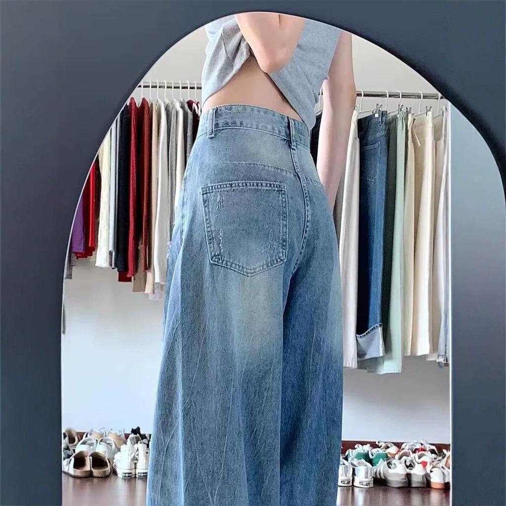 Women's American-Style Ripped Straight-Leg Jeans, Korean-Inspired Distressed Curved Wide-Leg Pants