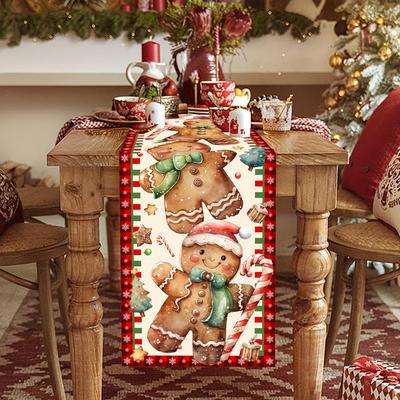 1 Piece Of Christmas Gingerbread Man Table Runner, Painted With Gingerbread Men, Candy Canes And Other Christmas Elements On A Colorful Background, Su