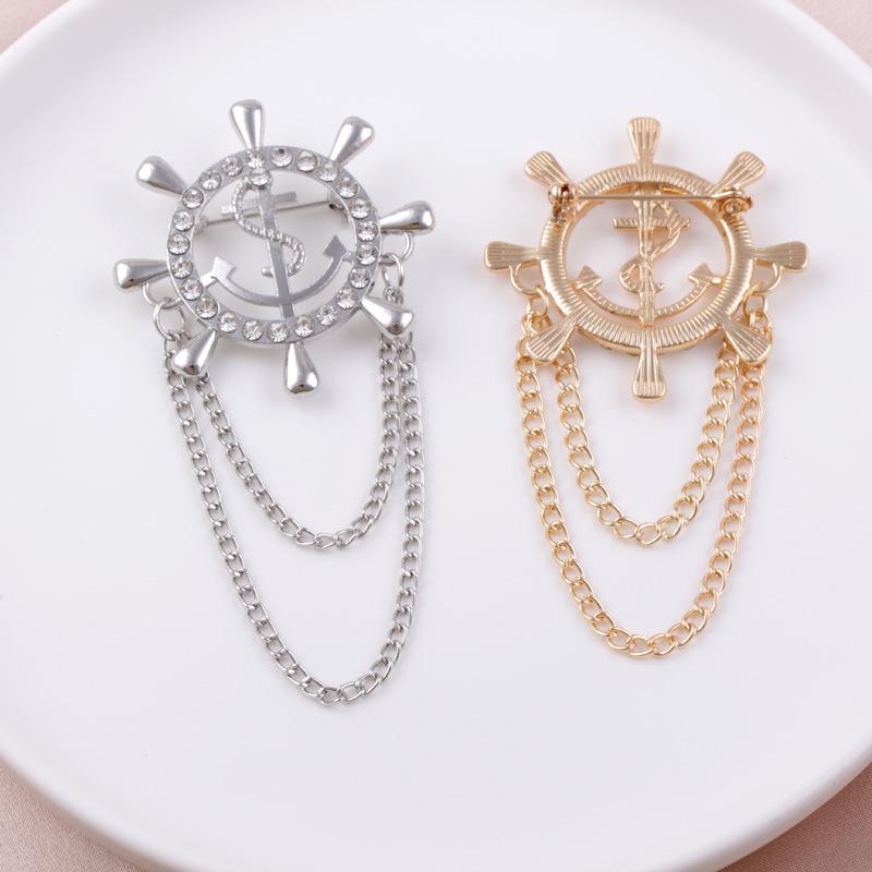 Retro Japanese & Korean Nautical Brooch with Chain Tassel, Anchor & Rudder Design for Men & Women