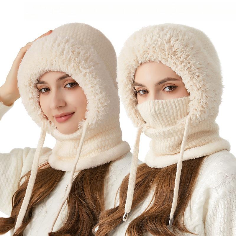 

Women All in One Fleece Knit Hat with Face Cover and Scarf Winter Windproof Thermal Beanie for Outdoor Riding Snowboard 1PCS бежевий
