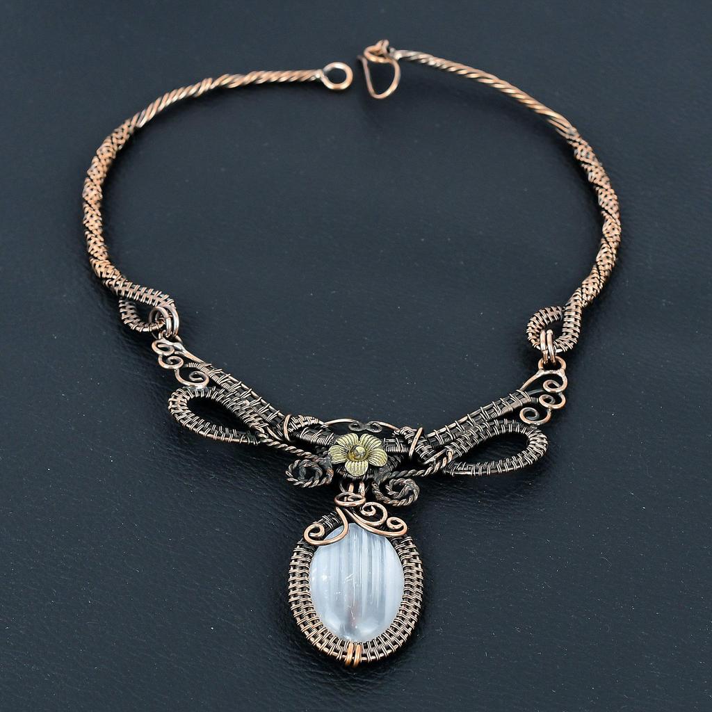 Selenite Druzy 999 Copper Wire Wrapped Necklace with Adjustable Chain, Handmade Gemstone Jewelry Necklace For Memorial Day