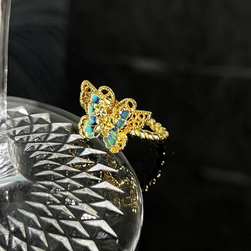 Medieval Style Colored Enamel Butterfly Flower Golden Light Color Open Ring Women's Fashion Niche Temperament Light Luxury Ring