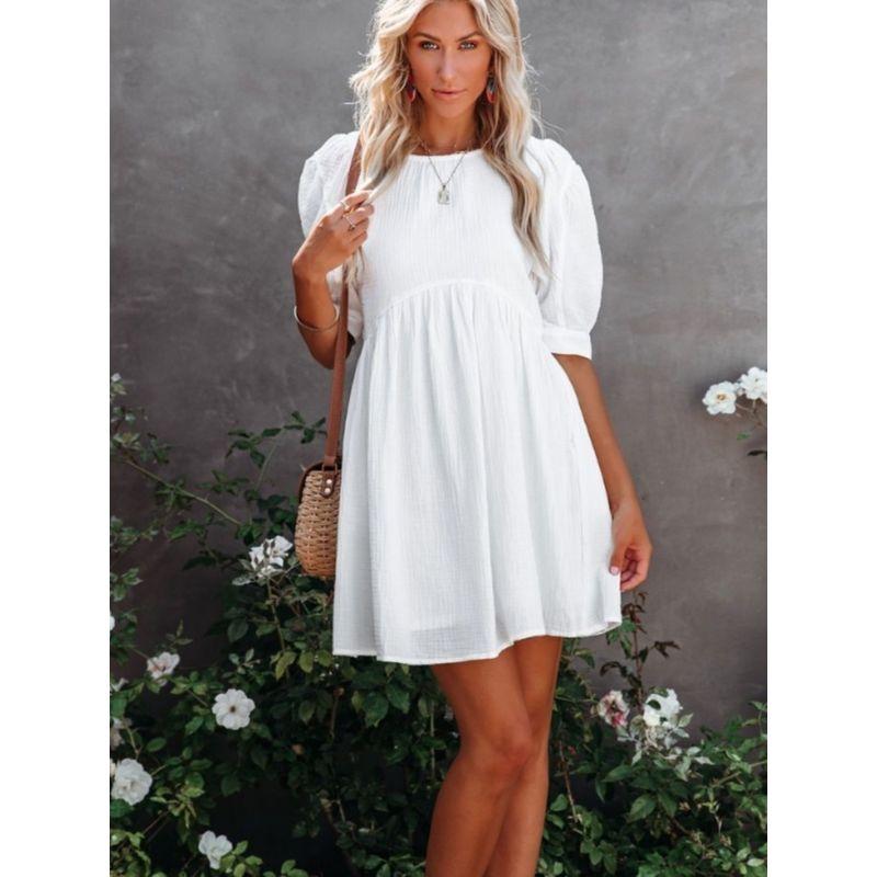 Fashion Summer New Fresh Sweet White round Neck Back Single-Breasted Puff Short Sleeve Dress Female Dress