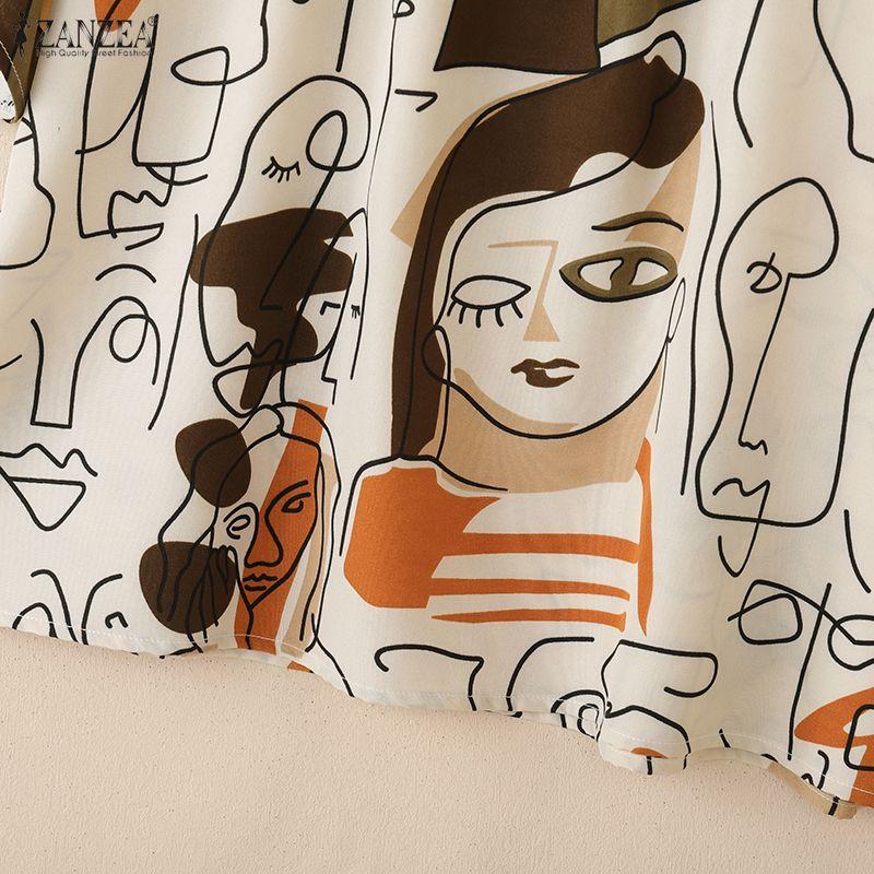 ZANZEA Bluză casual de damă cu gât rotund, mânecă scurtă, largă, cu imprimeu