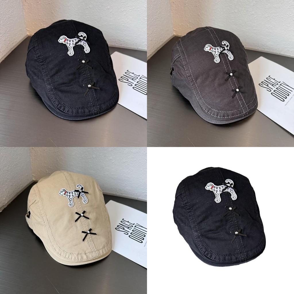 Retro With Beret Bow Decor And Cute Dogs Embroidered Design For Daily Use
