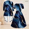 Women Plus Size Two Piece Set Square Neck Short Sleeve Tie Waist Flared Dress And Mid Sleeve Printed Cardigan Blue Gold