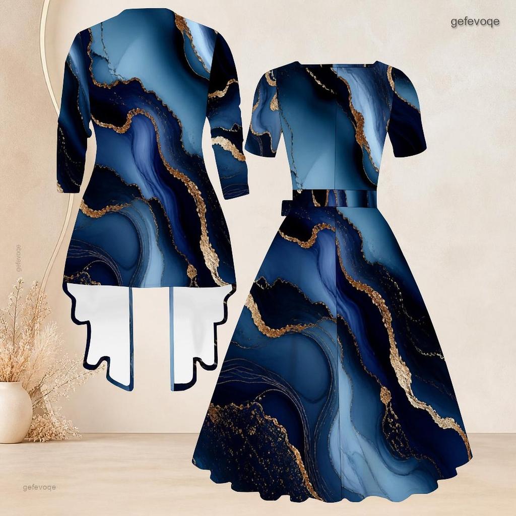 Women Plus Size Two Piece Set Square Neck Short Sleeve Tie Waist Flared Dress And Mid Sleeve Printed Cardigan Blue Gold