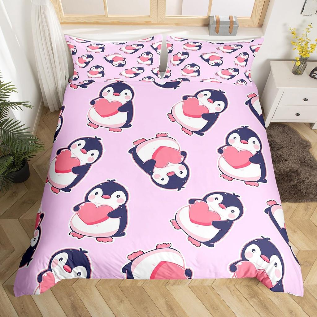 Cute Penguin And Love Heart Duvet Cover Set For Kids Teens Lightweight Quilt Cover With 2 Pillowcase Cartoon Penguin Bedding Set