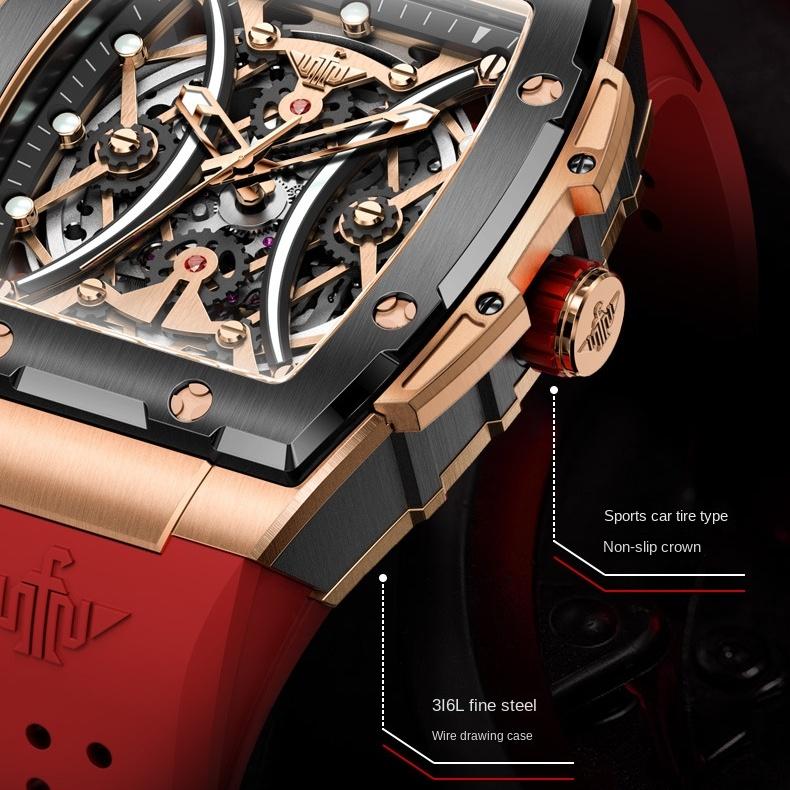OUPINKE Zegarek Hollow Barrel Mechaniczny zegarek Moda Silikon Wodoodporny Męski zegarek Męski zegarek
