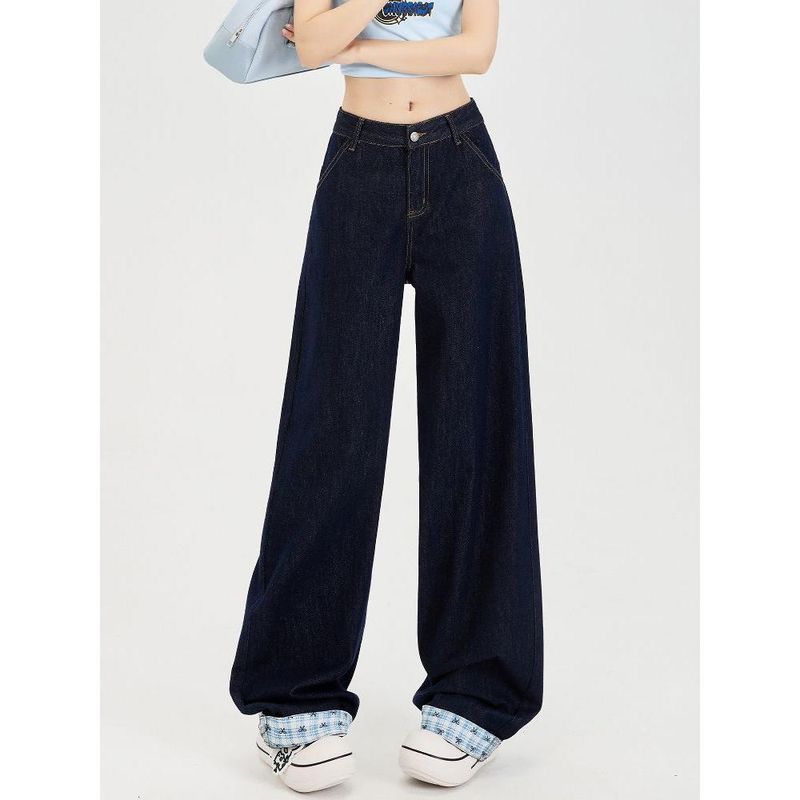 

American Plaid Stitching Denim Women s Summer Retro Loose Drooping Straight Pants Small Figure Flattering Wide Leg Pants Dark blue pants 156-165 XL