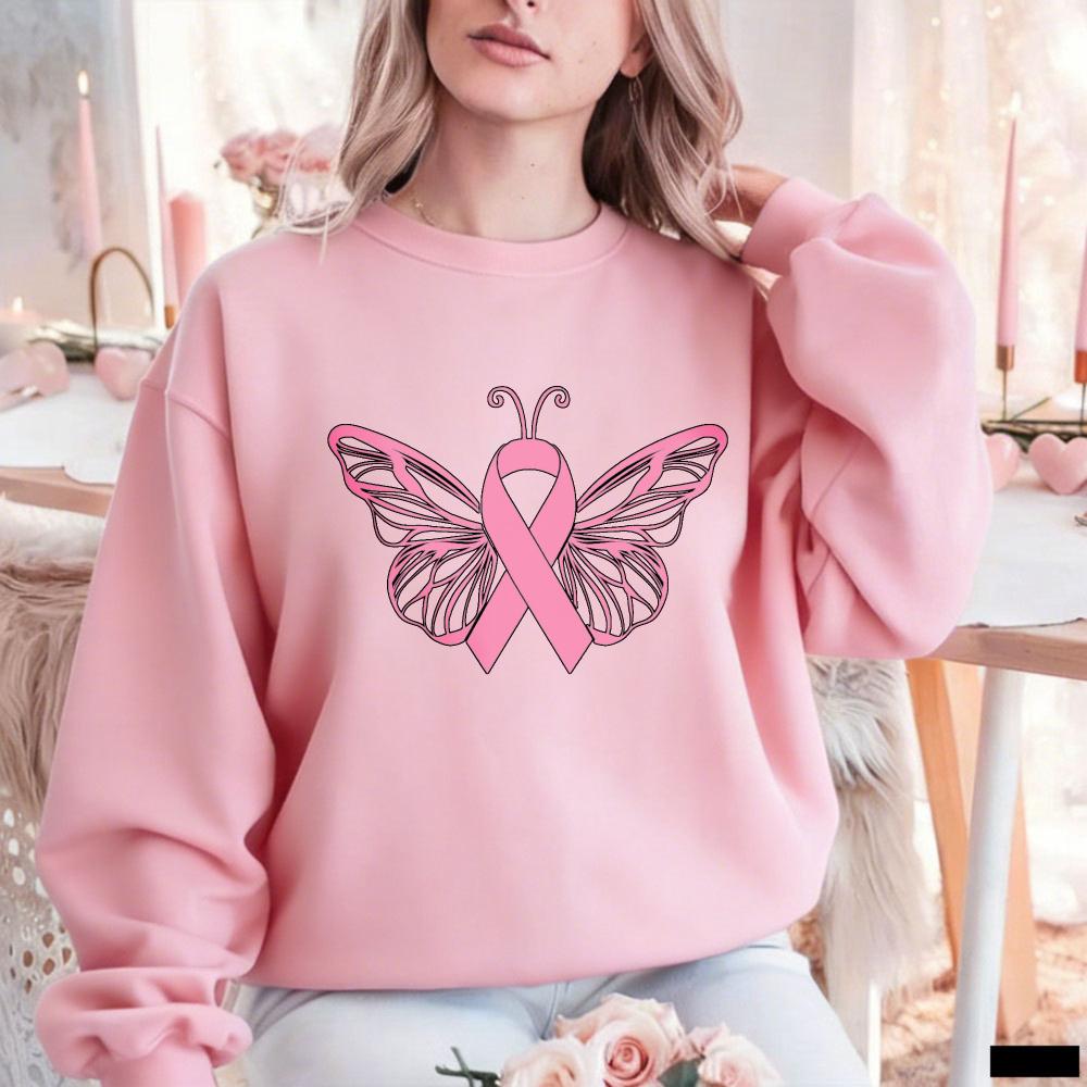 Pink Ribbon Outline Butterfly Crewneck Sweatshirt Women Breast Cancer Awareness Minimal Graphic Casual Ladies Pullover Sweat Top