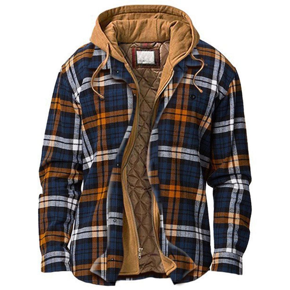 Men`s Plaid Hooded Jacket Quilted Fleece