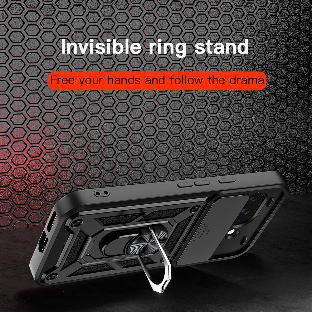 KEYSION Shockproof Armor Case for Google Pixel 9A Silicone+PC Slide Camera Lens Protection Ring Stand Phone Cover for Pixel 9A