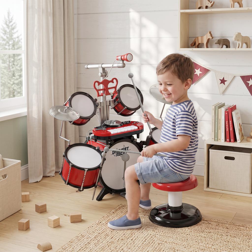 Children's Drum Kit with Stool, Electronic Keyboard, Microphone, USB, 77.5 x 40 x 76.5 cm, Red