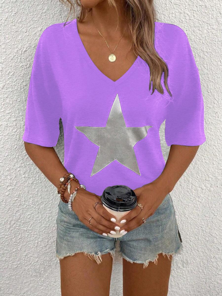 European Style Spring and Summer Women T-Shirt V-Neck Short Sleeve Clothing M